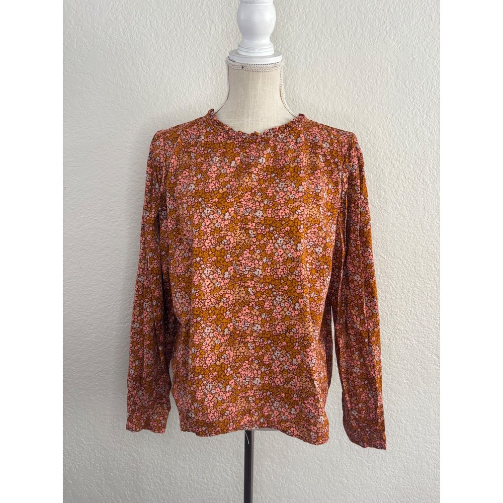 Universal Thread Floral Blouse L Excellent Ruffle Neck Long Sleeve Rust Multi